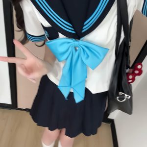 White JK Uniform Sailor Suit with Camellia Design - Women's Waist-Defined College Style Summer Short Sleeve Set