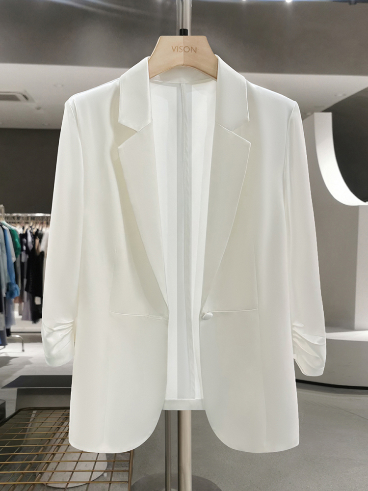 White Korean-Style Thin Blazer for Women - 2025 Summer Trendy Draping Acetate Suit, Age-Reducing Fashion White Korean-Style Thin Blazer for Women - 2025 Summer Trendy Draping Acetate Suit, Age-Reducing Fashion