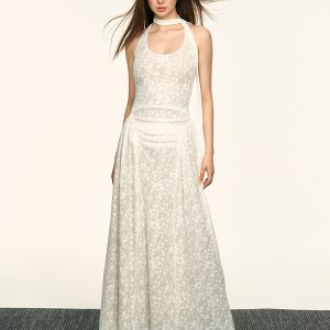 White Lace Jacquard Halter Dress for Women - Summer High-End Vacation Style, Waist-Cinching Slimming Floral Design