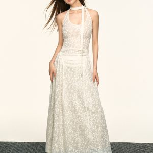 White Lace Jacquard Halter Dress for Women - Summer High-End Vacation Style, Waist-Cinching Slimming Floral Design