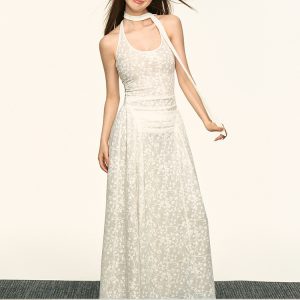White Lace Jacquard Halter Dress for Women - Summer High-End Vacation Style, Waist-Cinching Slimming Floral Design