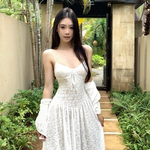 White Lace Jacquard Long Dress Set with Stretchy Camisole - Stylish French-Inspired Design for Effortless Elegance