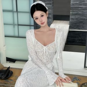 White Lace Jacquard Long Dress Set with Stretchy Camisole - Stylish French-Inspired Design for Effortless Elegance