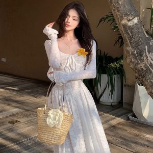 White Lace Jacquard Long Dress Set with Stretchy Camisole - Stylish French-Inspired Design for Effortless Elegance