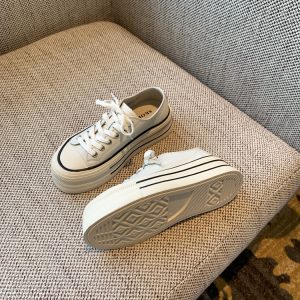 White Lace-Up Genuine Leather Sneakers for Women - Versatile Round Toe Thick Sole Casual Shoes for Spring 2025 Style