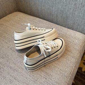 White Lace-Up Genuine Leather Sneakers for Women - Versatile Round Toe Thick Sole Casual Shoes for Spring 2025 Style