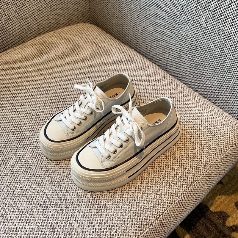 White Lace-Up Genuine Leather Sneakers for Women - Versatile Round Toe Thick Sole Casual Shoes for Spring 2025 Style