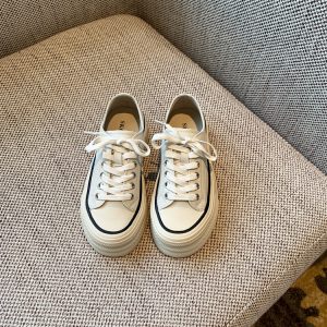 White Lace-Up Genuine Leather Sneakers for Women - Versatile Round Toe Thick Sole Casual Shoes for Spring 2025 Style