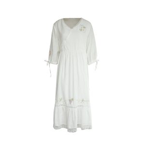 White Linen Long Sleeve Maxi Dress for Women - Fairy Grass Flowing Light, Loose Fit, French Style Summer V-Neck Dress