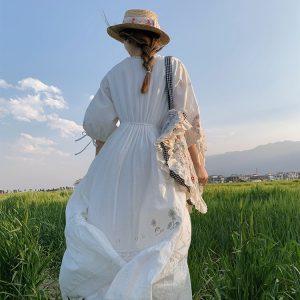 White Linen Long Sleeve Maxi Dress for Women - Fairy Grass Flowing Light, Loose Fit, French Style Summer V-Neck Dress