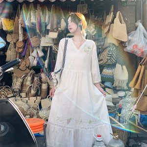 White Linen Long Sleeve Maxi Dress for Women - Fairy Grass Flowing Light, Loose Fit, French Style Summer V-Neck Dress