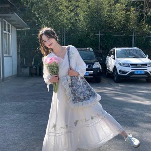 White Linen Long Sleeve Maxi Dress for Women - Fairy Grass Flowing Light, Loose Fit, French Style Summer V-Neck Dress