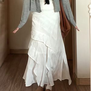 White Long Half Skirt 2025 - Korean Style Plus Size Irregular Mermaid Cake Skirt for a Slimming Look