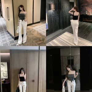 White Low Waist Slim Fit Floor-Length Flared Work Pants for Women - Chic Professional Style