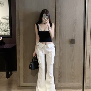 White Low Waist Slim Fit Floor-Length Flared Work Pants for Women - Chic Professional Style