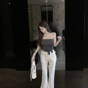 White Low Waist Slim Fit Floor-Length Flared Work Pants for Women - Chic Professional Style
