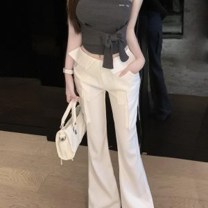 White Low Waist Slim Fit Floor-Length Flared Work Pants for Women - Chic Professional Style