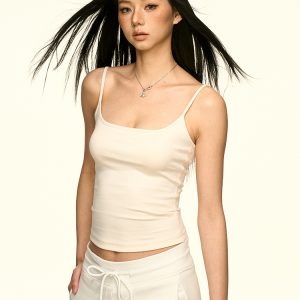 White Minimalist Basic Camisole for Women - Summer Sleeveless Layering Top, Hot Girl Fashion, Essential Underwear Style