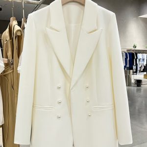 White Minimalist Pearl Button Double-Breasted Suit Jacket for Women - Exquisite Spring Autumn Blazer for Effortless Style