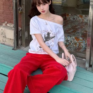 White Off-Shoulder Palm Print T-Shirt - Women's Short Sleeve Casual Summer Top, Loose Fit for Effortless Style
