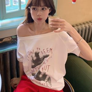 White Off-Shoulder Palm Print T-Shirt - Women's Short Sleeve Casual Summer Top, Loose Fit for Effortless Style