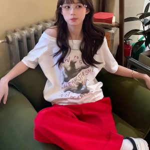 White Off-Shoulder Palm Print T-Shirt - Women's Short Sleeve Casual Summer Top, Loose Fit for Effortless Style