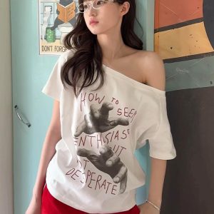 White Off-Shoulder Palm Print T-Shirt - Women's Short Sleeve Casual Summer Top, Loose Fit for Effortless Style