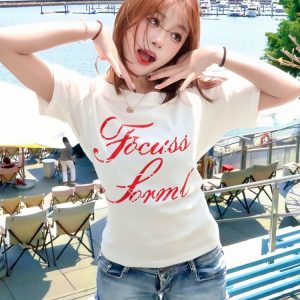 White Off-Shoulder T-Shirt for Women - Summer Letter Print, Slim Fit, Short Sleeve Cropped Top, Sexy Shoulder-Baring Style