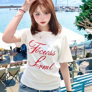 White Off-Shoulder T-Shirt for Women - Summer Letter Print, Slim Fit, Short Sleeve Cropped Top, Sexy Shoulder-Baring Style