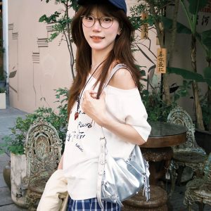 White Off-Shoulder T-Shirt for Women, Casual Summer Letter Print, Versatile Short Sleeves, College Style Hot Girl Top