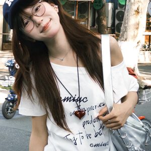 White Off-Shoulder T-Shirt for Women, Casual Summer Letter Print, Versatile Short Sleeves, College Style Hot Girl Top