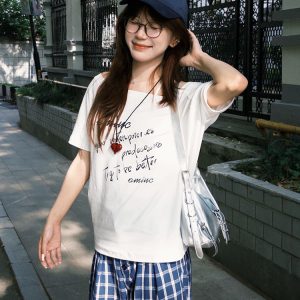 White Off-Shoulder T-Shirt for Women, Casual Summer Letter Print, Versatile Short Sleeves, College Style Hot Girl Top