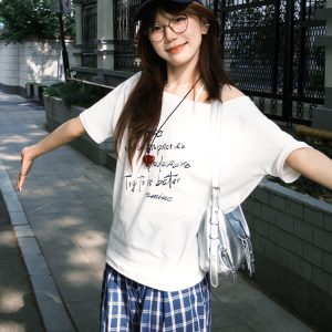 White Off-Shoulder T-Shirt for Women, Casual Summer Letter Print, Versatile Short Sleeves, College Style Hot Girl Top