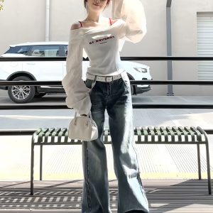 White One-Shoulder Long Sleeve Shirt for Women - Trendy Waist-Cinching Off-Shoulder Top for Spring & Autumn Fashion