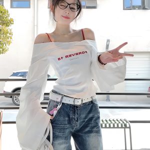 White One-Shoulder Long Sleeve Shirt for Women - Trendy Waist-Cinching Off-Shoulder Top for Spring & Autumn Fashion