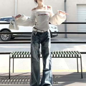 White One-Shoulder Long Sleeve Shirt for Women - Trendy Waist-Cinching Off-Shoulder Top for Spring & Autumn Fashion