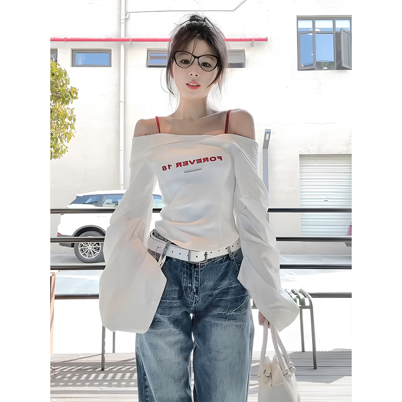 White One-Shoulder Long Sleeve Shirt for Women - Trendy Waist-Cinching Off-Shoulder Top for Spring & Autumn Fashion