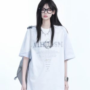 White Oversized Short Sleeve T-Shirt with American Retro Badge Print for Women, Casual Loose Fit, Y2K Style