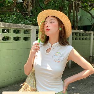 White Panda Print Short Sleeve T-Shirt for Women - Vintage Summer Slim Fit Buttoned Top, Y2K Style