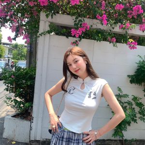 White Panda Print Short Sleeve T-Shirt for Women - Vintage Summer Slim Fit Buttoned Top, Y2K Style