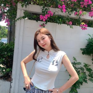 White Panda Print Short Sleeve T-Shirt for Women - Vintage Summer Slim Fit Buttoned Top, Y2K Style