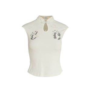 White Panda Print Short Sleeve T-Shirt for Women - Vintage Summer Slim Fit Buttoned Top, Y2K Style