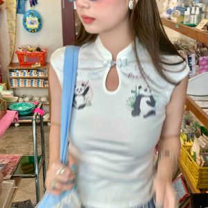 White Panda Print Short Sleeve T-Shirt for Women - Vintage Summer Slim Fit Buttoned Top, Y2K Style
