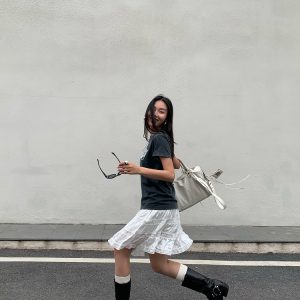 White Pearl Lace Silk Skirt & Vintage Ink Leak Printed Gray T-shirt Set - Hot Girl Aesthetic, Y2K Style, Dual Cultivation Look