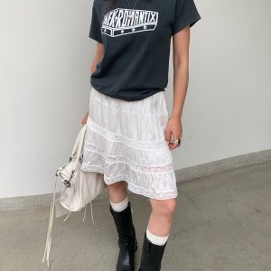 White Pearl Lace Silk Skirt & Vintage Ink Leak Printed Gray T-shirt Set - Hot Girl Aesthetic, Y2K Style, Dual Cultivation Look