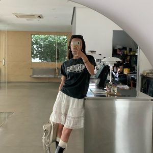 White Pearl Lace Silk Skirt & Vintage Ink Leak Printed Gray T-shirt Set - Hot Girl Aesthetic, Y2K Style, Dual Cultivation Look