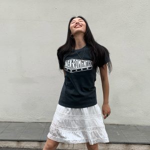 White Pearl Lace Silk Skirt & Vintage Ink Leak Printed Gray T-shirt Set - Hot Girl Aesthetic, Y2K Style, Dual Cultivation Look