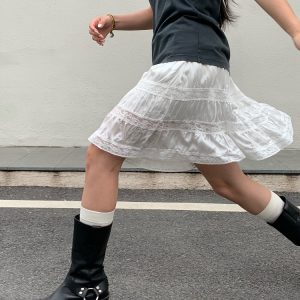 White Pearl Lace Silk Skirt & Vintage Ink Leak Printed Gray T-shirt Set - Hot Girl Aesthetic, Y2K Style, Dual Cultivation Look