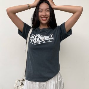 White Pearl Lace Silk Skirt & Vintage Ink Leak Printed Gray T-shirt Set - Hot Girl Aesthetic, Y2K Style, Dual Cultivation Look