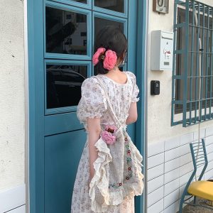 White Peony Lily Floral Dress - Women's Summer Loose Waist-Defined Long Dress in White - Vintage 90s Inspired Korean Style